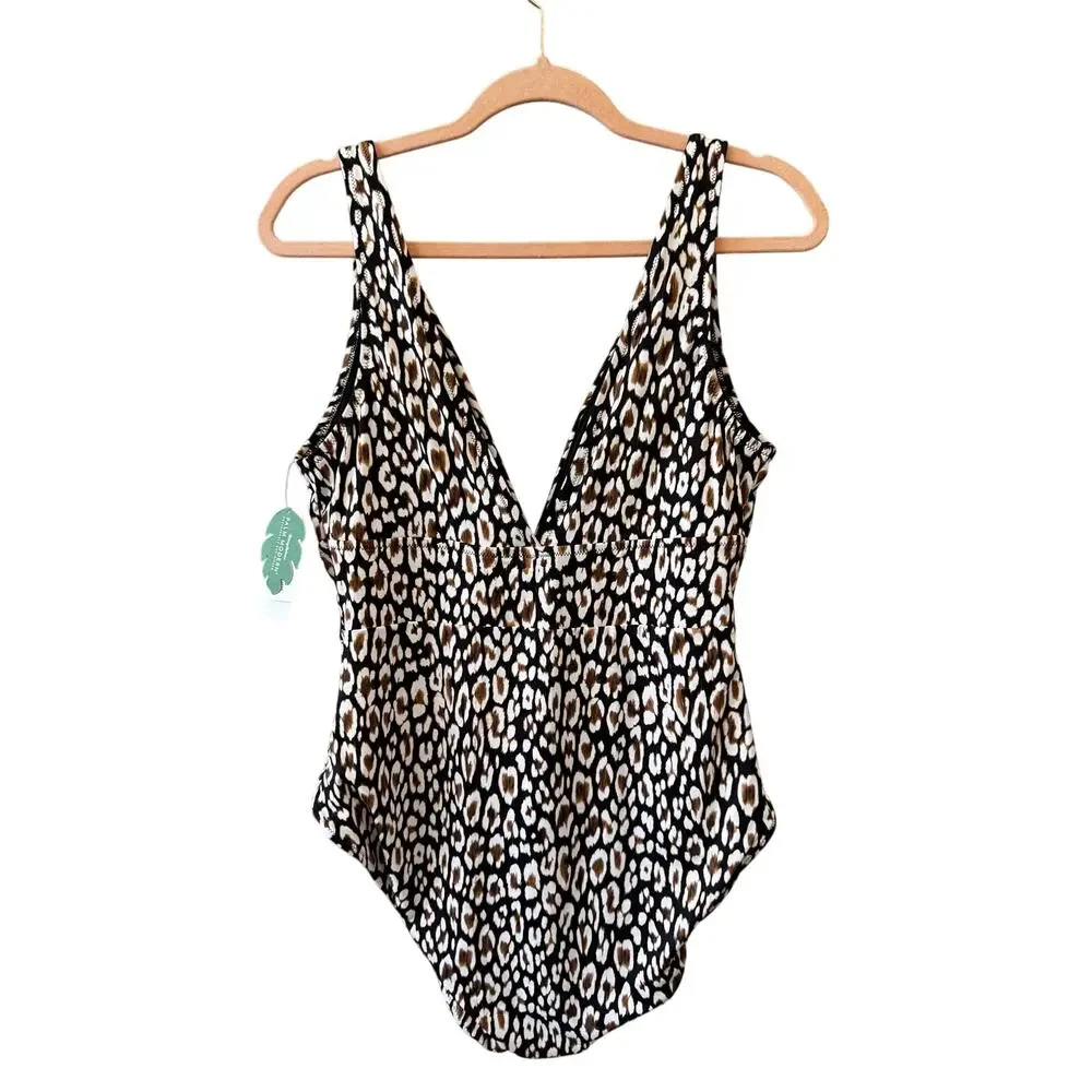 New TOMMY BAHAMA Women's Palm Modern Safari Cat V-Neck One-Piece Swimsuit Size16